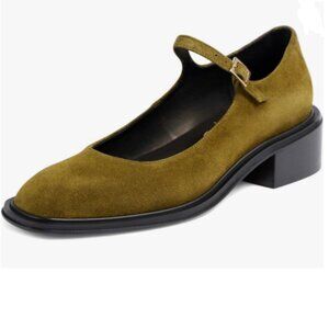 XYD Olive Low Heel Mary Janes Square Toe Slender Strap Chunky Pumps Casual Shoes